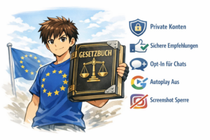 Manga‑Figur im EU‑Shirt hält ein Gesetzbuch; daneben einfache Icons für Schutzfunktionen wie private Konten, sichere Empfehlungen, Opt‑in‑Chats, Autoplay aus und Screenshot‑Sperre.