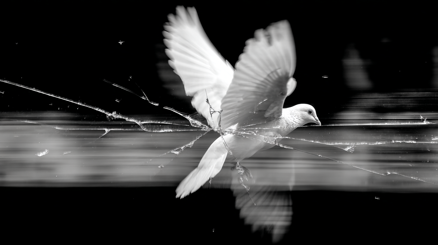 Schwarzweißfotografie einer weißen Taube, die im Moment des Auffliegens eine Glasscheibe durchbricht. Das Glas splittert sternförmig, die Taube spiegelt sich in der Oberfläche.