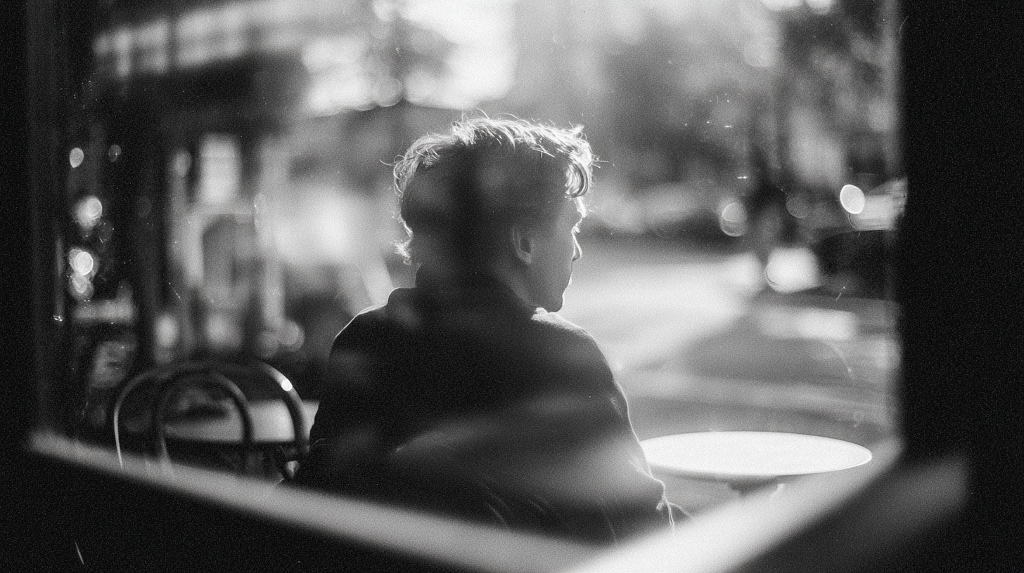 Eine Person sitzt von hinten sichtbar allein an einem Cafétisch am Fenster. Schwarzweißfotografie, unscharfer Straßenhintergrund, Filmkornoptik.