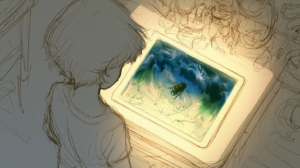 Ein Kind beugt sich über ein leuchtendes Tablet. Alles im Bild ist als Bleistiftskizze gezeichnet – das Kind, der Tisch, der Raum – nur der Bildschirm strahlt in Farbe: Wolken, Himmel, eine Biene.