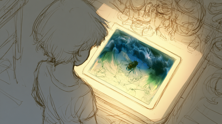 Ein Kind beugt sich über ein leuchtendes Tablet. Alles im Bild ist als Bleistiftskizze gezeichnet – das Kind, der Tisch, der Raum – nur der Bildschirm strahlt in Farbe: Wolken, Himmel, eine Biene.