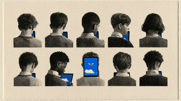Federzeichnung auf Büttenpapier, zehn Kinder in zwei Reihen von hinten, jedes vor einem Tablet. Alle Bildschirme leuchten blau, aber nur in zweien ist etwas zu sehen: eine kleine Wolke — und in der Mitte der unteren Reihe ein Tablet, das den ganzen Himmel zeigt, mit einer Biene darin. Es ist größer als das Kind, das es hält